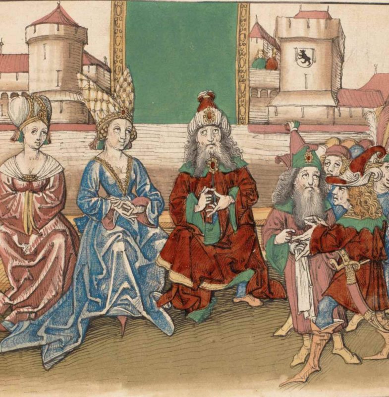 Le Duc Berchtold de Zähringuen et sa femme avec au fond à droite la ville de Berne avec l'ancien écusson de la ville. Il attaqua le château de Chillon en 1200.