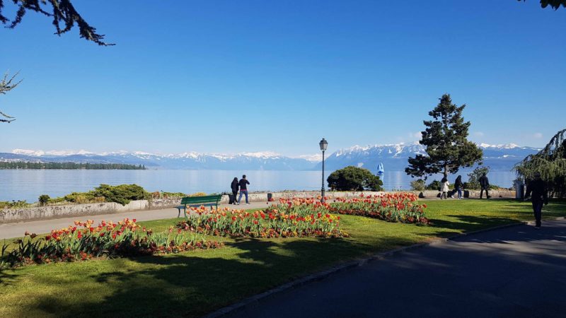 Le magnifique parc entre le château et le lac Léman. Par temps clair, on peut facilement voir le Mont-Blanc.