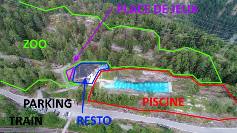 Les différentes zones au zoo et piscine des marécottes: Zoo, parking, train, piscine place de jeux er restaurantet