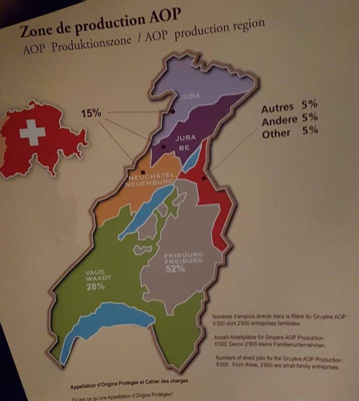 Les zones de production du Gruyère. Seul 50 % de la production est localisée dans le canton de Fribourg.