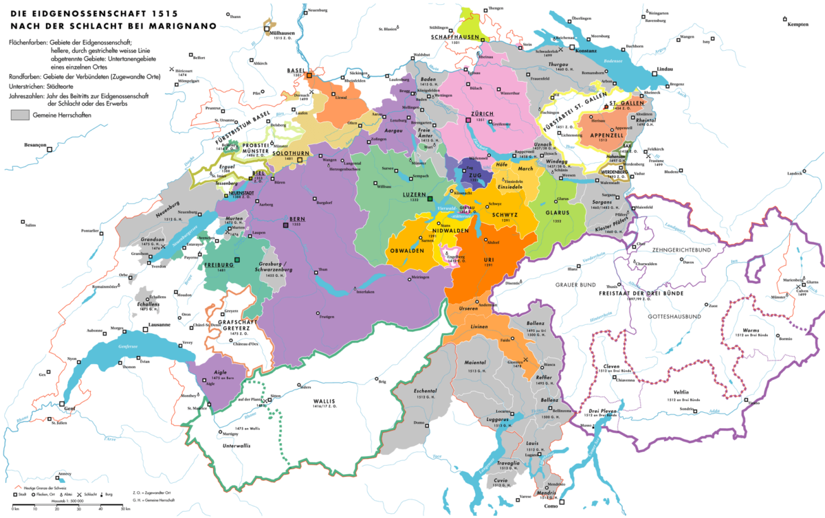 Carte de la Susse après les guerres de Bourgogne en 1477 - Histoire de la Suisse Romande