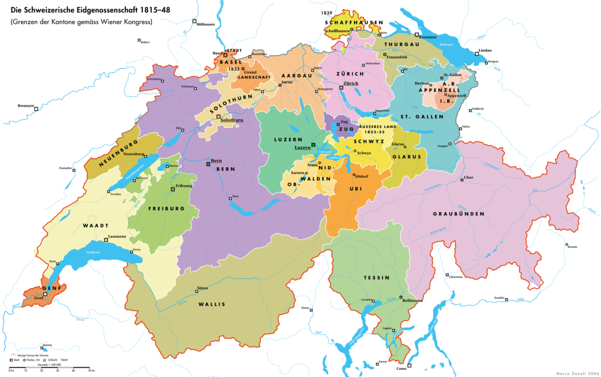Carte de La Suisse en 1814 après le traité de Vienne
