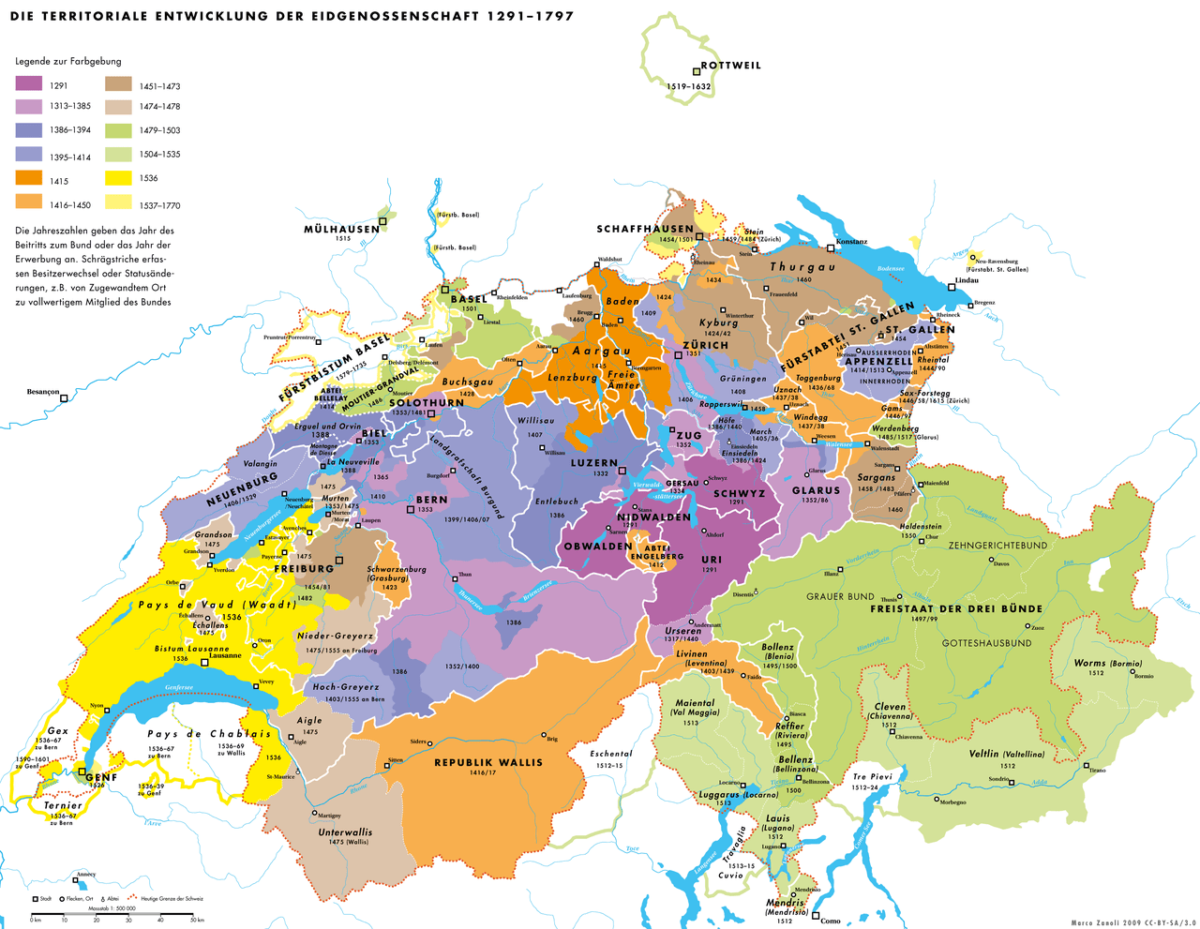 Carte de l'Evolution territoriale de la Suisse de 1291 à 1797 - Histoire de la Suisse Romande