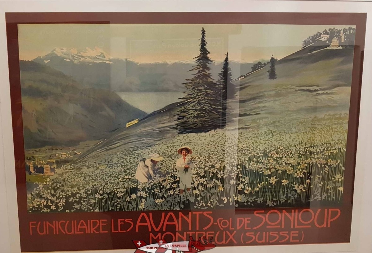 Publicité rétro sur le funiculaire Les Avants - Sonloup affichée au musée de Montreux.
