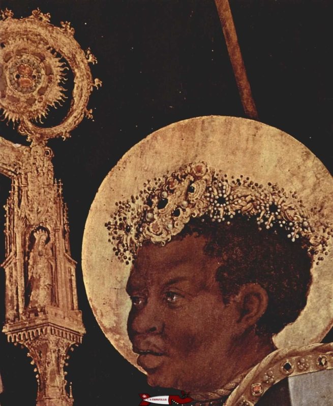 Saint-Maurice sur une peinture du 16e siècle. Son nom de Maurice provient du mot "maure" qui fait référence à sa peau noire.