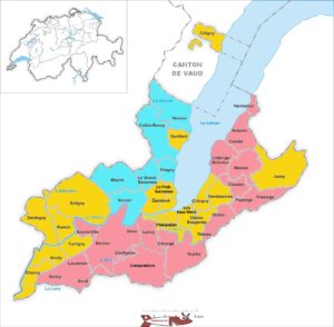 La carte du canton de Genève avec les possessions avant 1815 en jaune. Les territoires acquis après le Congres de Vienne au profil de la France en bleu et au profil du Royaume de Sardaigne en rouge.