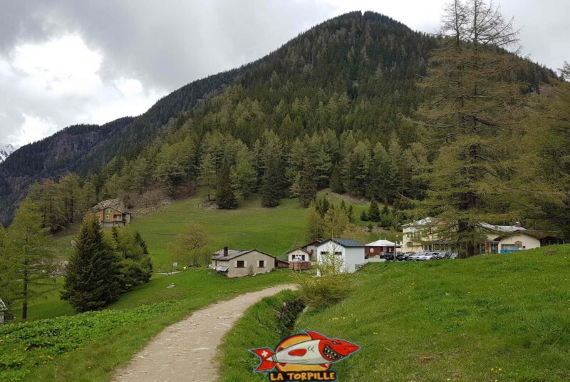 Les bâtiments du col de la Forclaz depuis le chemin du bisse du Trient. On peut voir sur la gauche, en brun, le fortin camouflé en chalet.