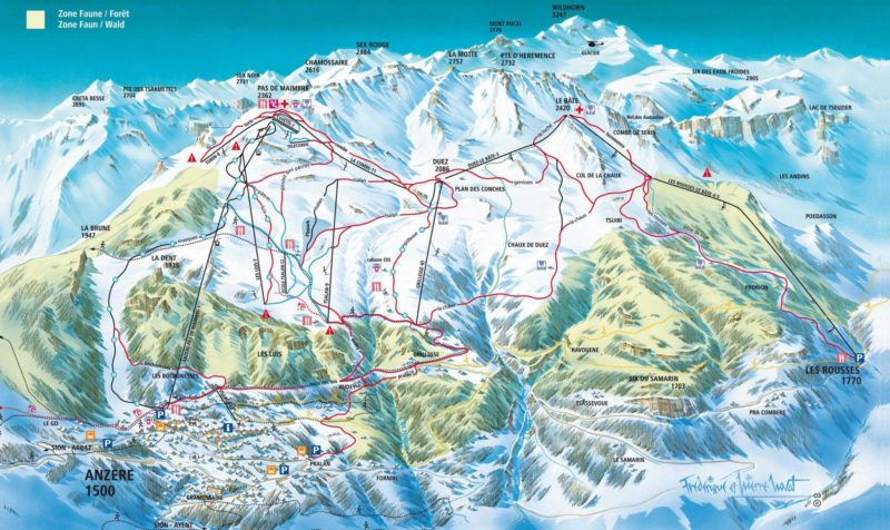 Le plan des pistes de la sation de ski de Anzère avec les Rousses sur la droite.