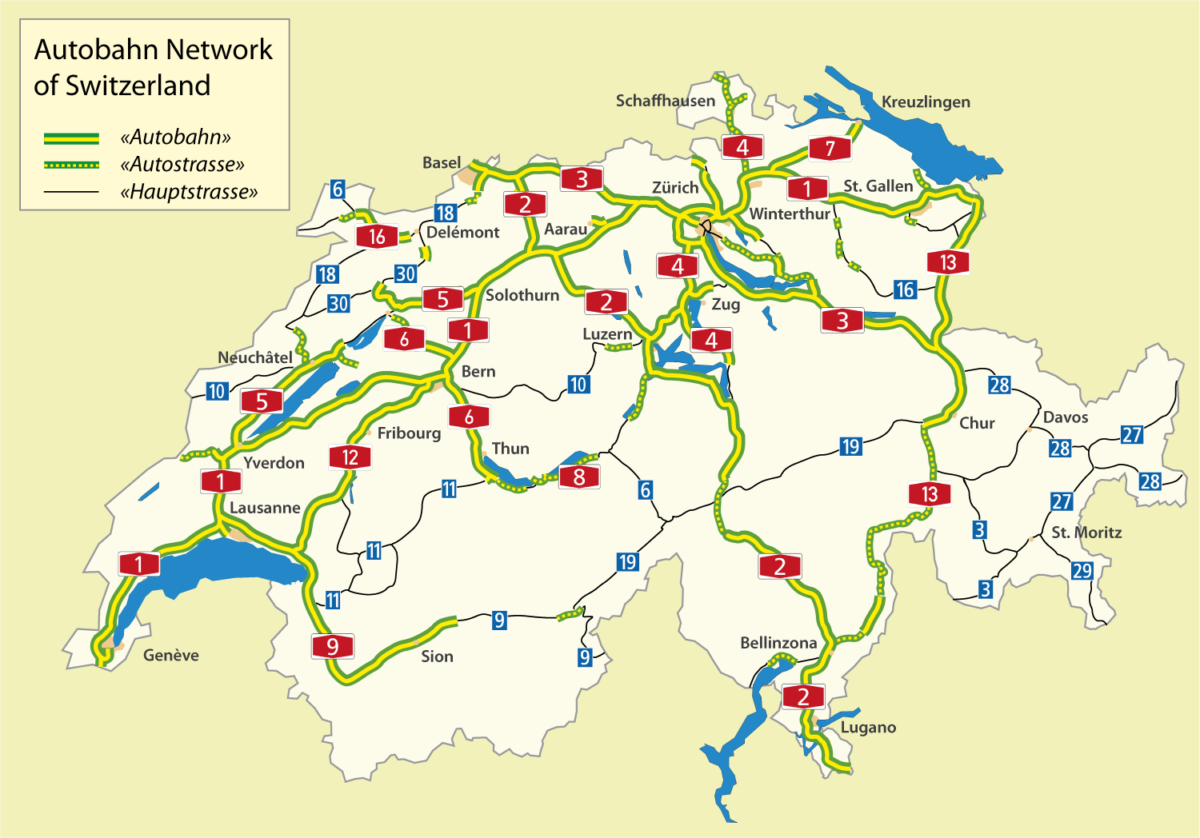 Une carte des autoroutes de Suisse.