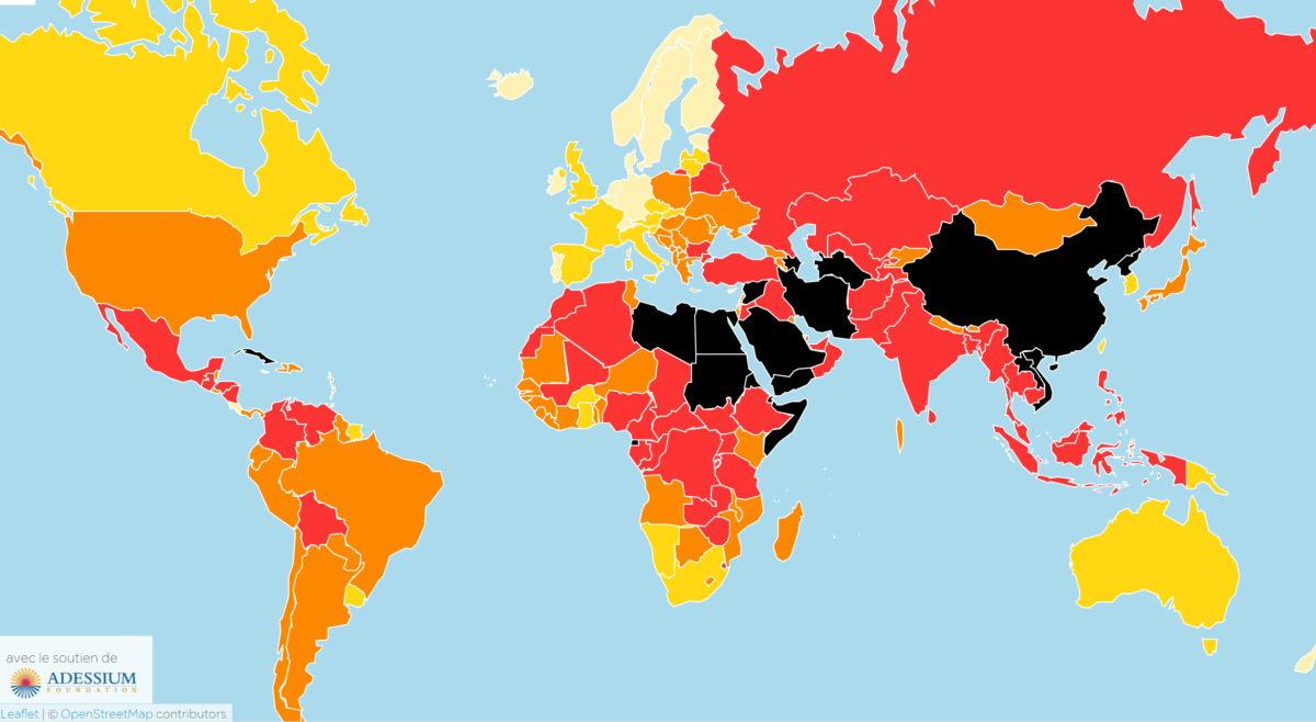 Une carte qui montre la liberté de la presse dans le monde de Reporters Sans Frontières (RSF) en 2019.