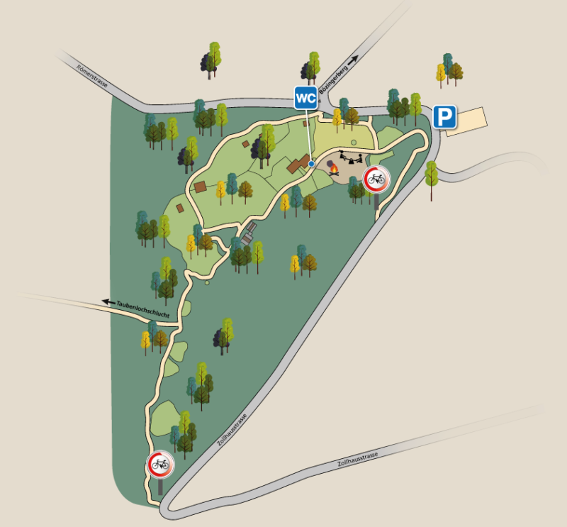 Le plan du parc zoologique de Bienne avec l'accès depuis les gorges du Taubenloch, au milieu, à gauche.