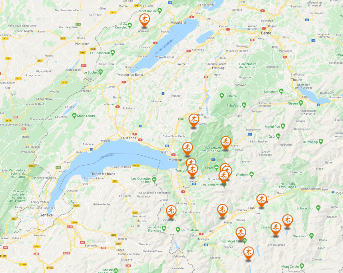 Cartographie des via ferrata en Suisse romande.