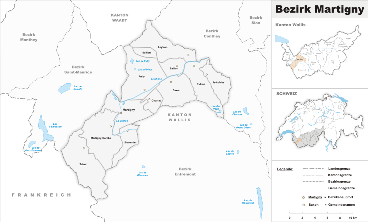 La carte du district de Martigny dans le Bas-Valais