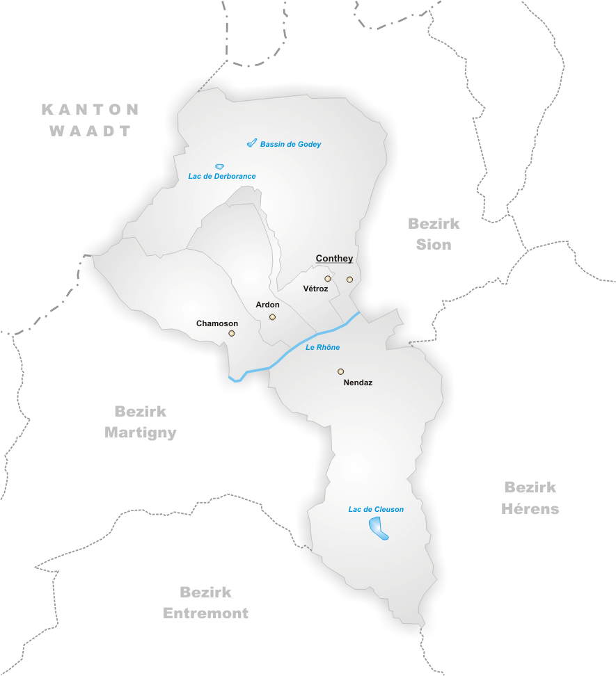 La carte du district de Conthey dans le Valais central