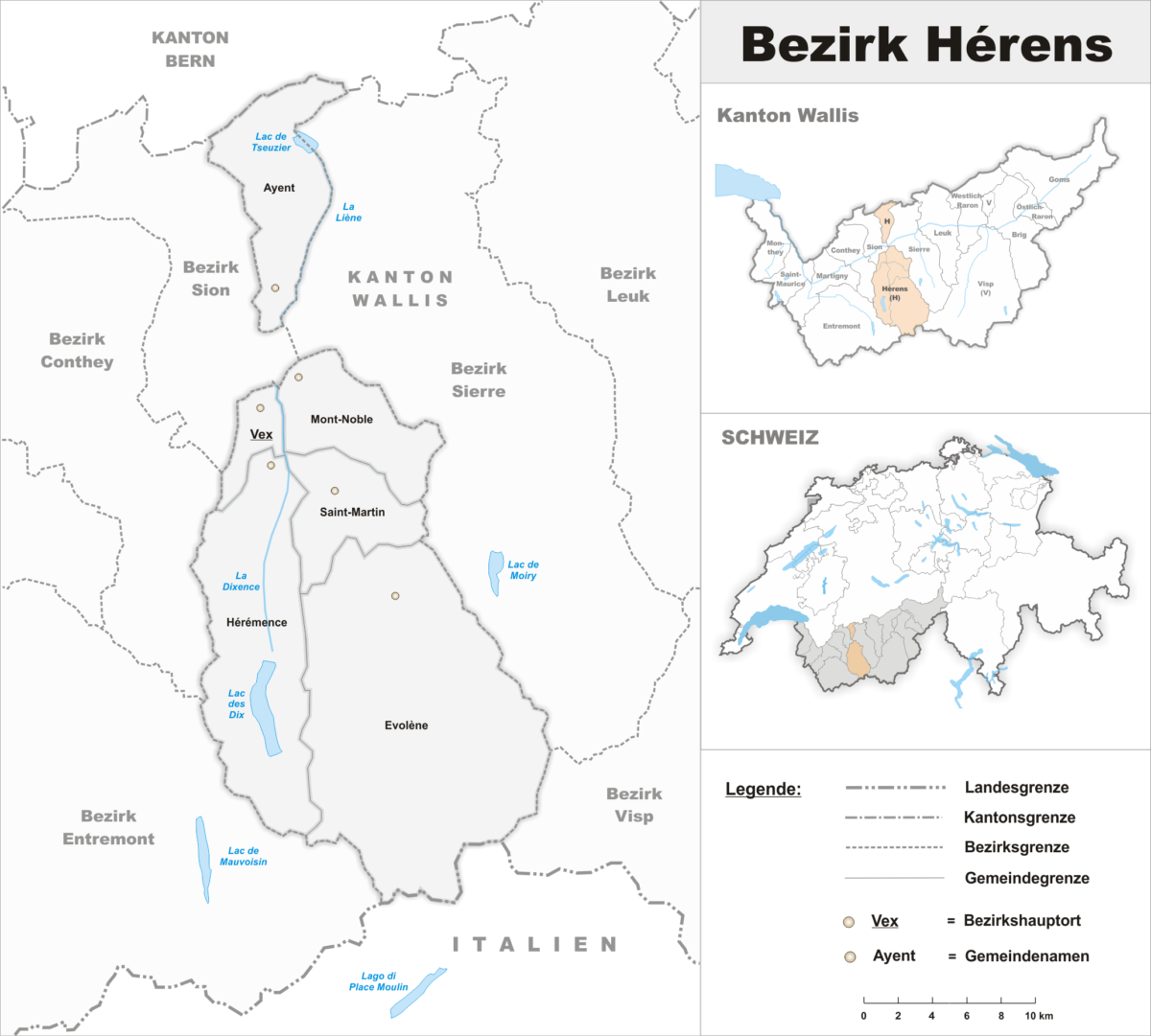 La carte du district d'Hérens dans le Valais central