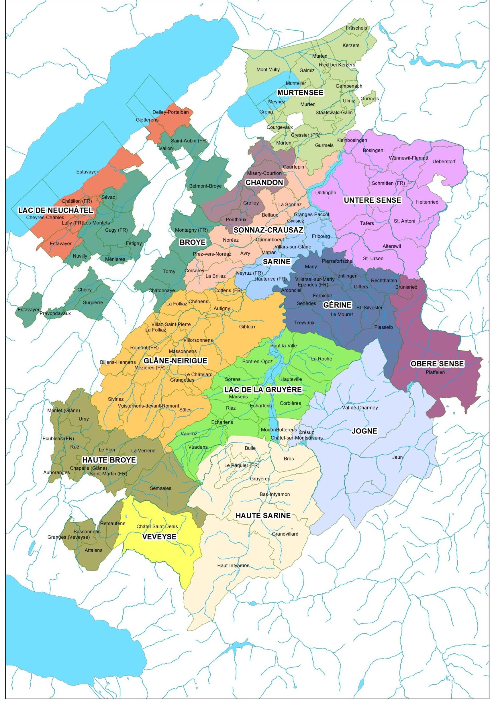 Une très belle carte des bassins versants du canton de Fribourg.