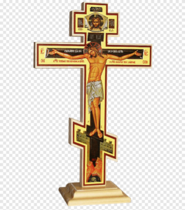 Une croix orthodoxe russe caractérisée par ses trois bandes horizontales alors que la croix catholique latine en compte qu'une.