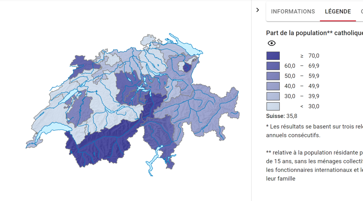 Proportions de catholiques dans la population par canton suisse.