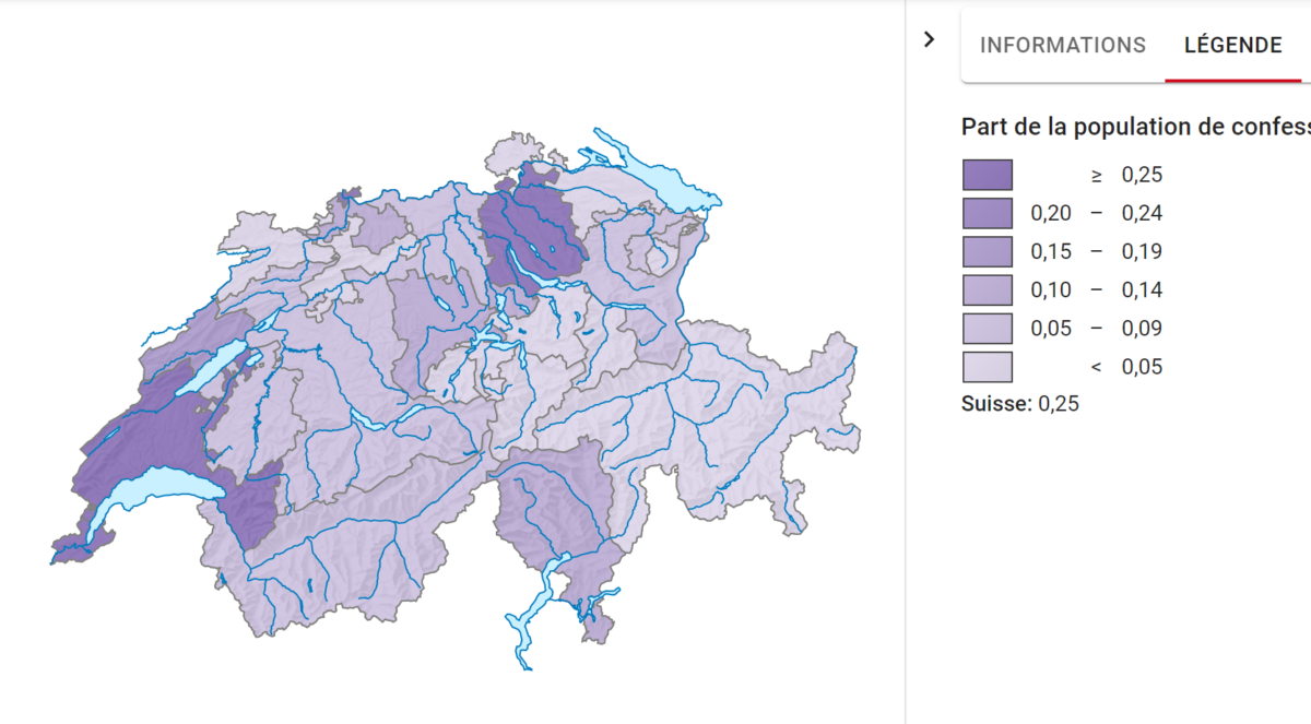 Proportions de juifs dans la population par canton suisse.