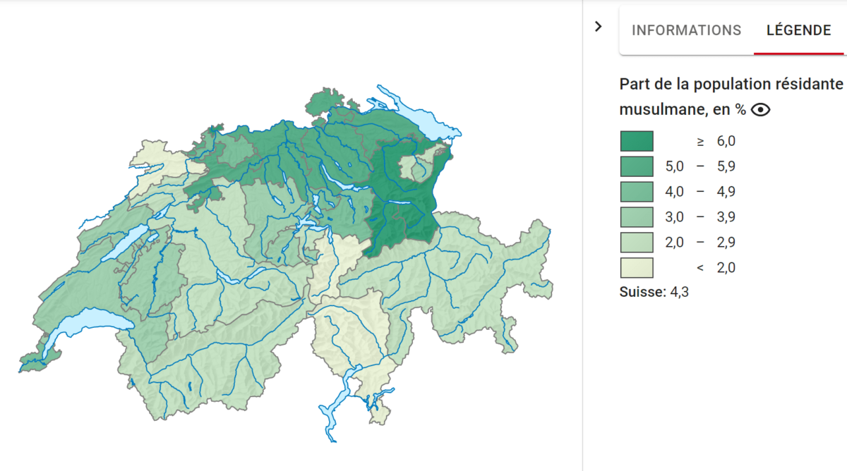 Proportions de musulmans dans la population par canton suisse.