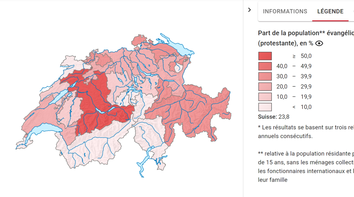 Proportions de protestants dans la population par canton suisse.