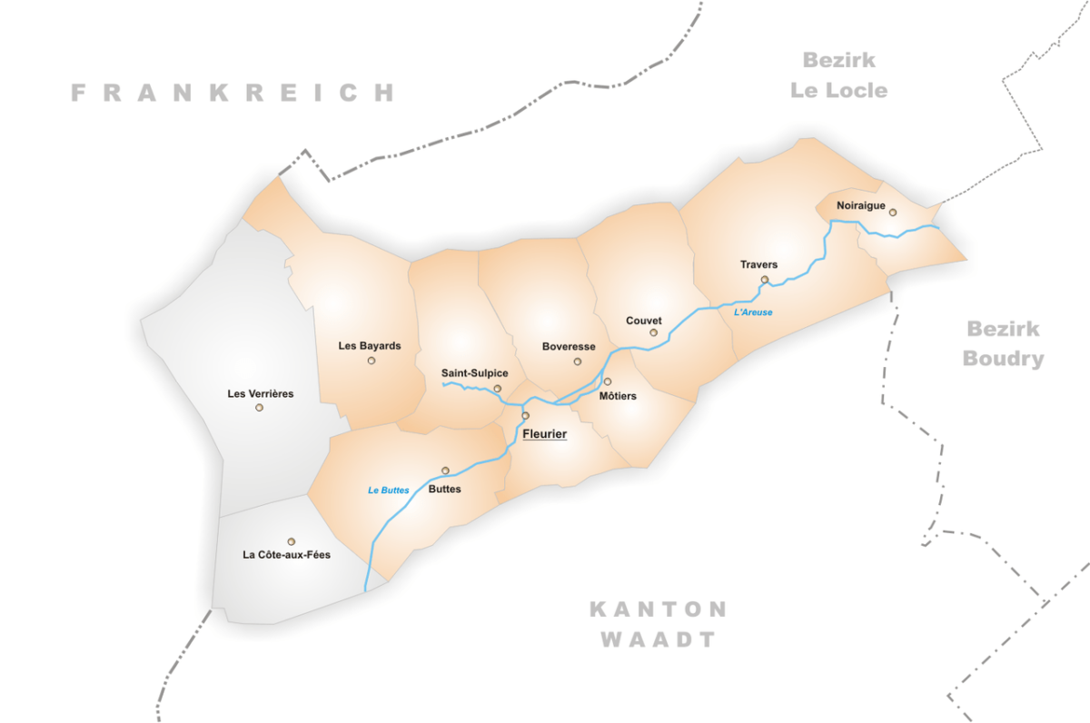 Les localités en orange qui ont fusionnées en 2009 pour former la commune de Val-de-Travers.