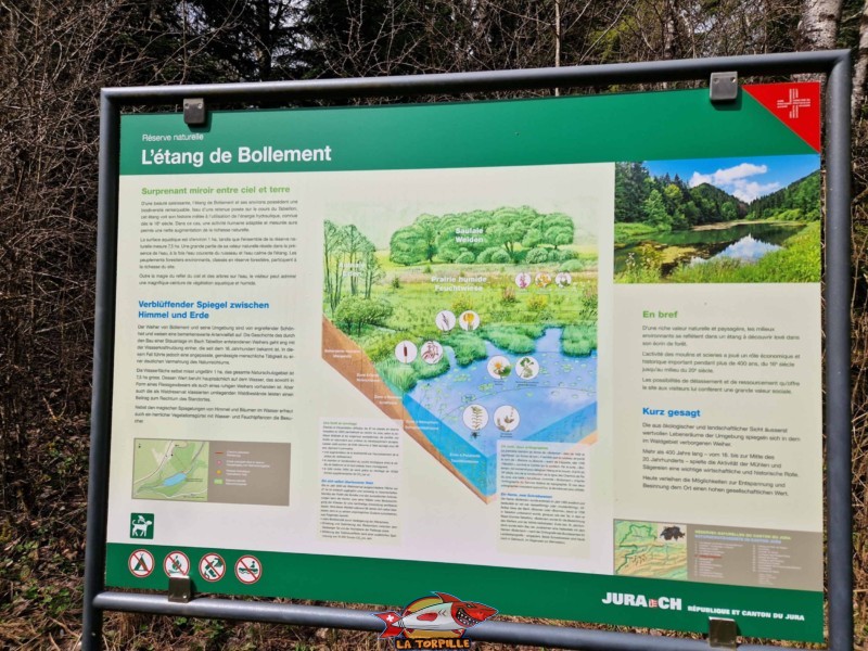 Un panneau d'information sur l'étang de Bollement.