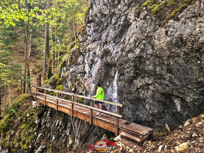 Une passerelle le long d'une paroi rocheuse juste avant le Saut de l'Eau.