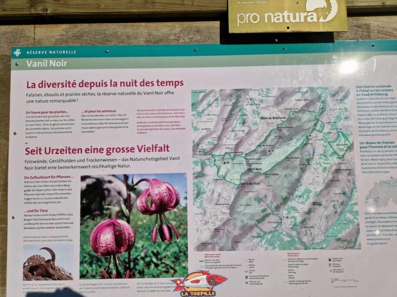 Un panneau qui fournit des information sur la réserve naturelle du Vanil Noir qui s'étend sur les cantons de Vaud et Fribourg et qui s'appelle la réserve naturelle Gruyère Pays-d'Enhaut.