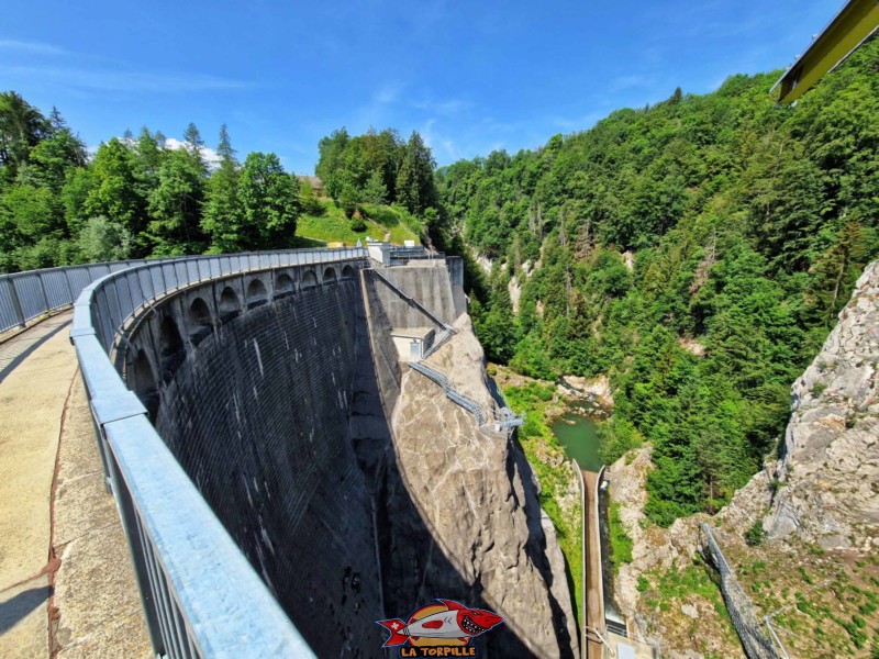 Les photos en direction aval (bas) du barrage de Montsalvens depuis son couronnement.