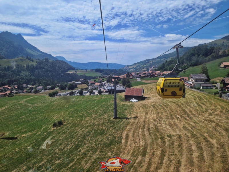 La vue direction aval depuis la télécabine. On peut voir le parking.