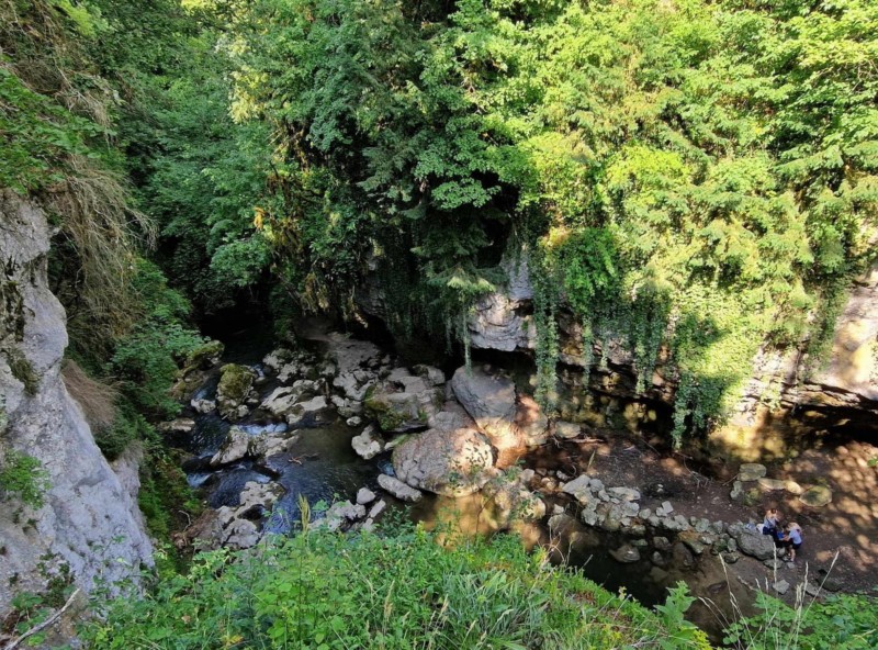 La vue sur le site de la Tine de Conflens. Sous la plateforme d'observation, à gauche, la chute de la Venoge et, à droite, la rivière Veyron.