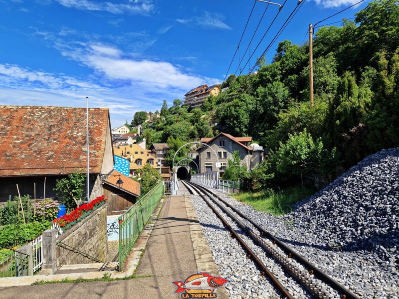 La vue depuis la gare sur le côté inférieur avec le tunnel et le viaduc. Gorges du chauderon, Montreux.