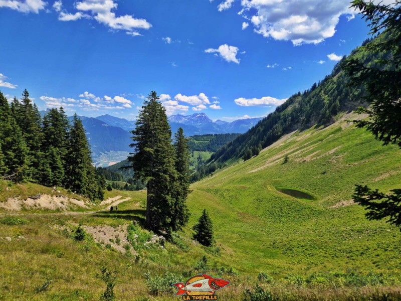 La vue en direction est sur le côté suisse avec le lac de Rcon sur la droite.