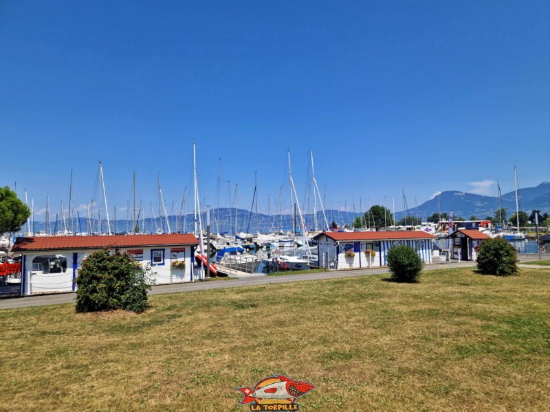 Sur la gauche, la cabane de LocaBoat et, sur la droite, les deux cabanes de Navygo.     