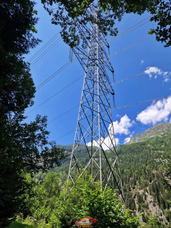 Pylône électrique soutenant les lignes à très haute tension qui relient les usines de la vallée du Trient à la vallée du Rhône.