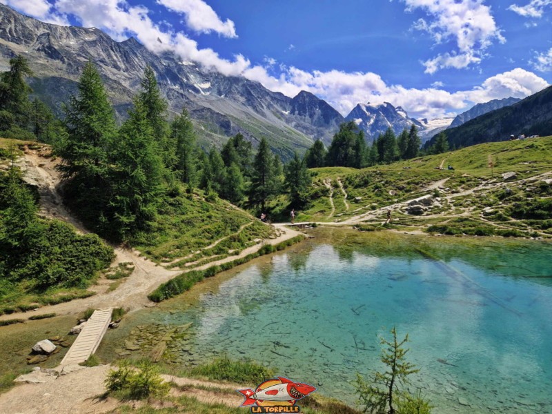 La passerelle qui sépare le lac en deux. Lac bleu Arolla