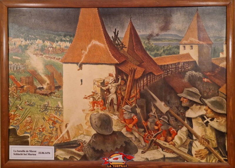 Une reproduction d'une peinture de la bataille de Morat dans le réfectoire du Fort Cindey.