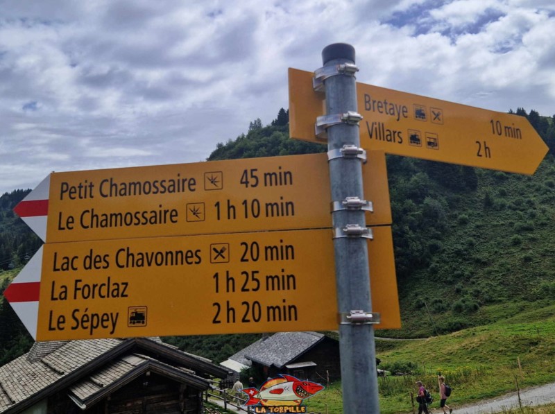 Un panneau indicateur à l'est du lac de Bretaye. 20 min pour rejoindre le lac des Chavonnes, 45 min pour le Petit Chamossaire et 1 h 10 pour le Chamossaire. Villars/Ollon
