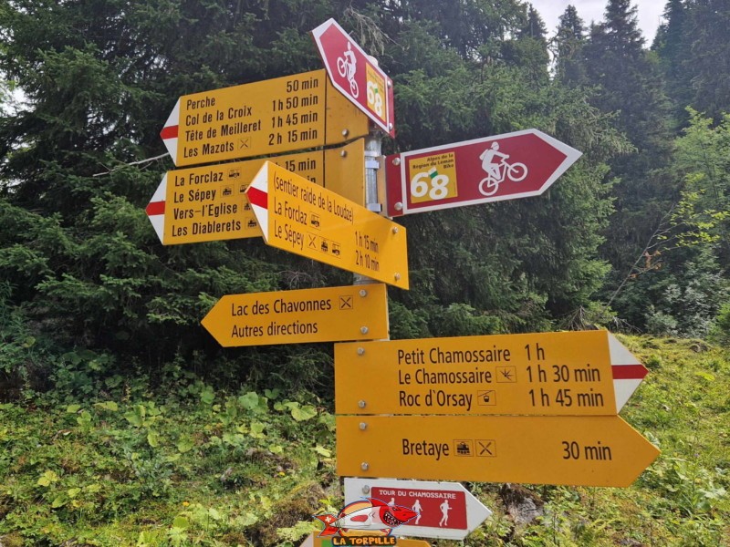 Un panneau indicateur à proximité du lac des Chavonnes. Bretaye à 30 minutes, le Petit Chamossaire à 1 h, le Chamossaire à 1 h 30 min et Roc d'Orsay à 1 h 45 min.  La Forclaz, ormont-dessous