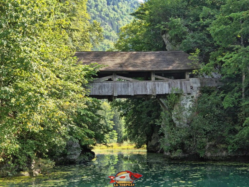 Le pont couvert sur le lac de Lessoc formé par la Sarine.