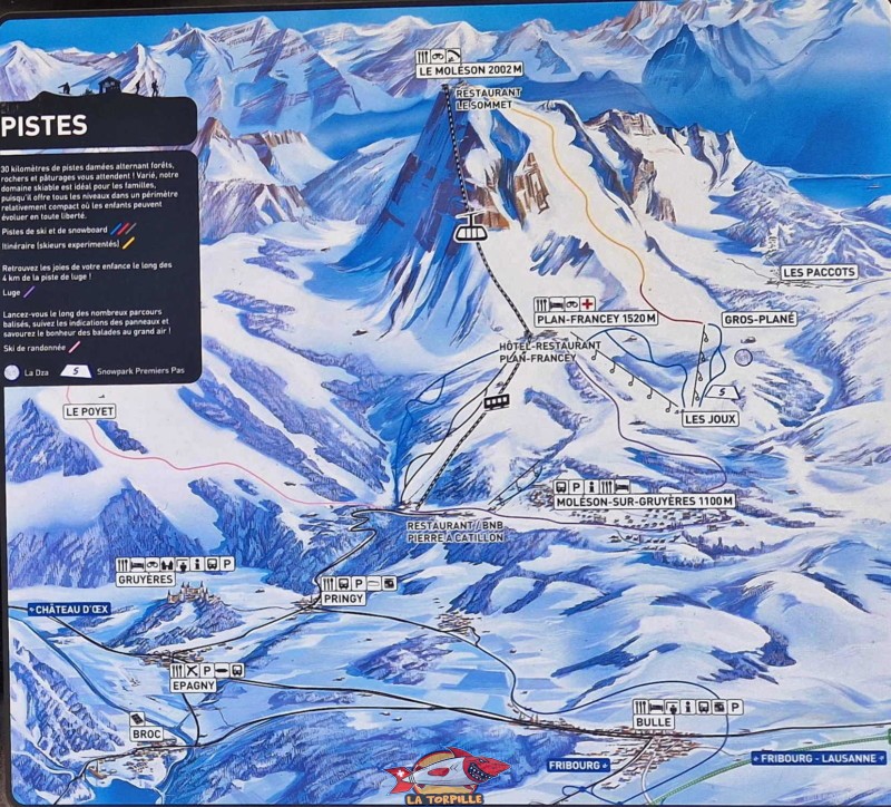 La carte des pistes de ski du Moléson pour la saison hivernale.