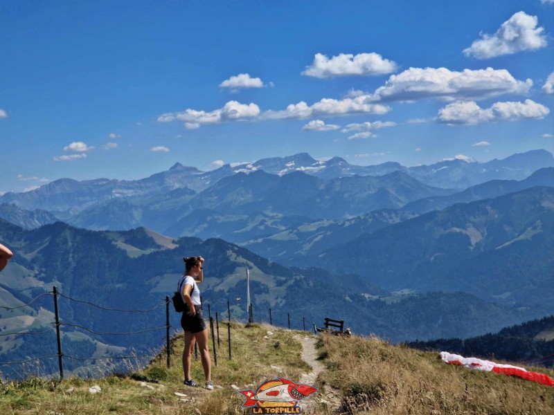Un zoom avec , au milieu de l'image, le massif des Diablerets, plus haut sommet du canton de Vaud.