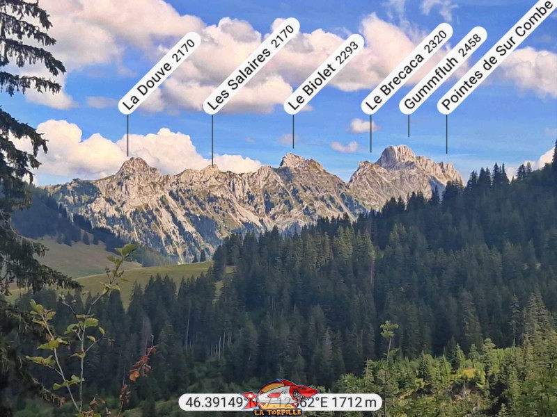 De gauche à droite, la crête au-dessus de vallée de la Torneresse. Coumatta (2049 m), La Douve (2170 m), les Salaires (2170 m), le Biolet (2293 m), Brecaca (2319 m) et finalement, à la démarcation avec le canton de Berne, le Gummfluh (2458 m).