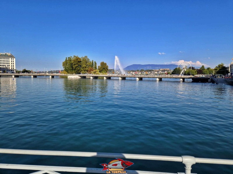La vue depuis Quartier Libre et le pont de la Machine, direction est, vers le pont de Begues, l'île Rousseau et le Jet d'Eau de Genève.