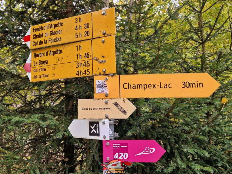 Un panneau indicateur à l'endroit où le sentier rejoint la route goudronnée. Bisse du Petit Ruisseau, Champex, Orsières, Valais.