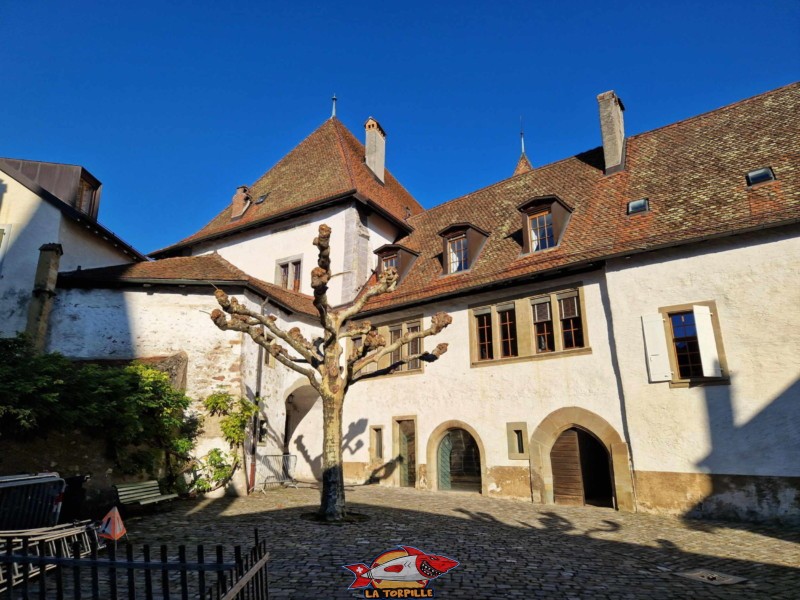 La rue du Château se trouve est une ruelle étroite qui long le côté sud du château. Château de Lutry, Lavaux, canton de Vaud.