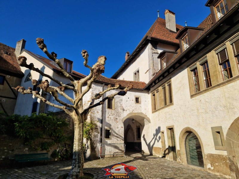 La rue du Château se trouve est une ruelle étroite qui long le côté sud du château. Château de Lutry, Lavaux, canton de Vaud.