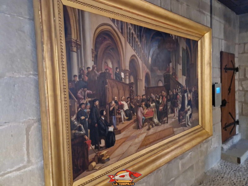 Le tableau de la dispute de Lausanne en 1536 de François Bocion peint en 1853. Cet évenement, internenu après l'envhaissement du Pays de Vaud par les bernois et la fuite de l'évêque, est une discussion théologique. qui s'est déroulé dans la cahédrale de Lausanne, et qui aboutit, avec l'aide du vaudois Pierre Viret à la solde des bernois, à l'adpotion du protestantisme dans le pays de Vaud, ancestre du canton de Vaud. Musée Historique de Lausanne. 