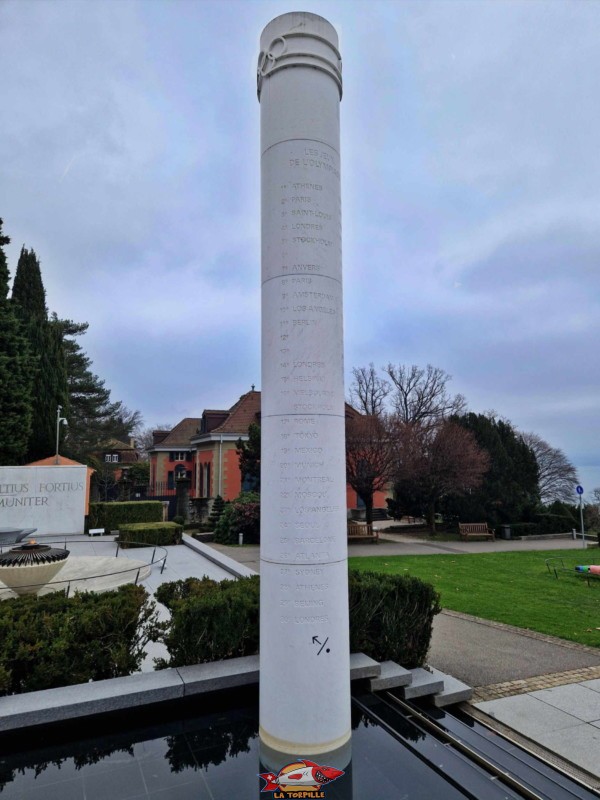 musée olympique de lausanne, Une colonne à l'entrée du musée sur laquelle sont inscrites les dates des JO.
